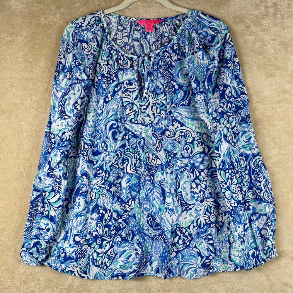 Lilly Pulitzer Elsa Top Blue White Print Long Sleeve Resort Casual Women M